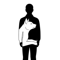 Conceptual black and white illustration of a man's silhouette with a dog integrated within, symbolizing the inner spirit and human-animal bond