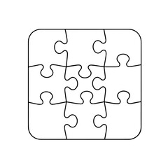 A black and white illustration of a 3x3 grid of jigsaw puzzle pieces, representing a challenge or problem