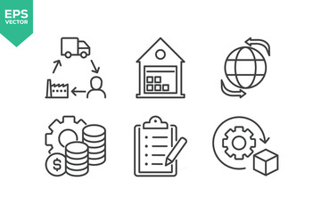 Set of line icons related to factory, industry, manufacture, product. Outline icons collection stock illustration.