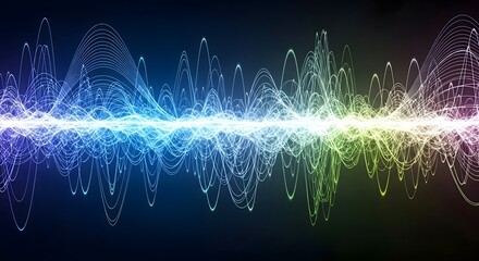 Vibrant abstract sound wave visualization, depicting dynamic energy flow and digital audio spectrum with colorful light effects