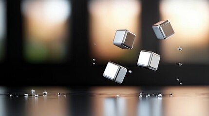 Four polished metallic cubes are suspended in mid-air above a dark, reflective surface, with small droplets of liquid scattered around them.