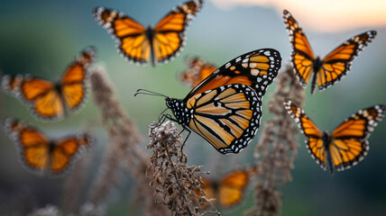 Obraz premium Close-up of monarch butterflies flying gently around dry flowers