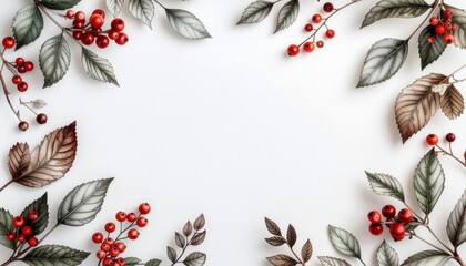 Elegant autumn border with vibrant red berries and frosted leaves on a pristine white background, perfect for festive seasonal designs and greeting cards