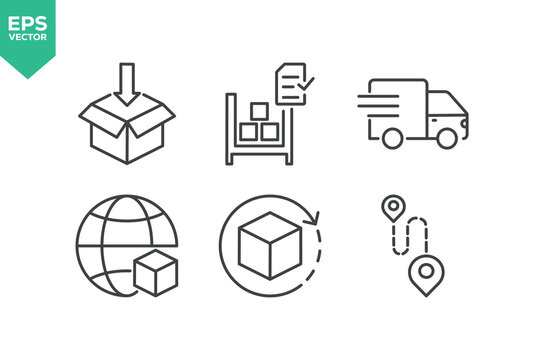 Set of line icons related to factory, industry, manufacture, product. Outline icons collection stock illustration.