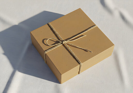 Beige cardboard gift box tied with natural string