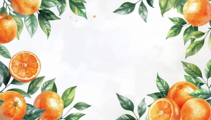 Artistic watercolor illustration of a citrus fruit frame with ripe oranges and vibrant green leaves on a white background