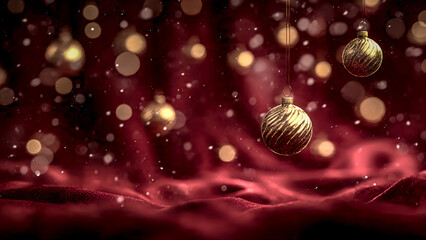 A soft and magical Christmas wallpaper featuring golden ornaments floating in the air, soft, warm bokeh lights glowing in the background, and snowflakes drifting slowly.