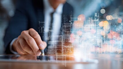 Businessman drawing architectural plan on digital tablet building innovation concept
