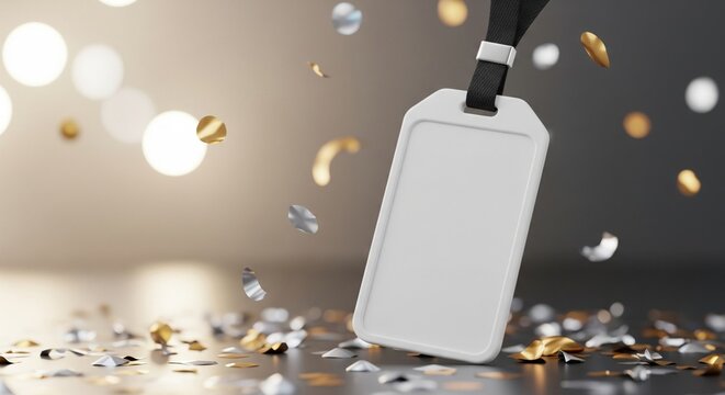 Blank Customizable Event ID Badge Mockup with Lanyard, Surrounded by Festive Confetti and Bokeh Lights, Perfect for Professional Identity and Celebration Themes