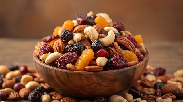 Healthy Snacking Fuel: Vibrant Trail Mix with Cashews, Pecans, and Dried Berries.