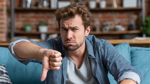 Thumbs Down: A close-up shot captures a man on a sofa expressing disapproval with a decisive thumbs-down gesture. Expressing dissatisfaction