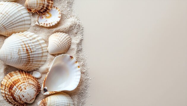 A beautiful collection of assorted seashells creates a natural border on a soft sandy beach background, perfect for a summer-themed concept