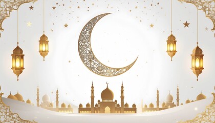 Golden Crescent Moon and Lanterns Illustration for Islamic Celebrations and Decorations
