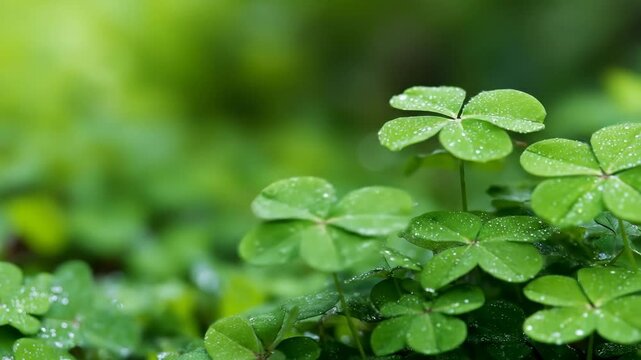 Close up green clover leaves wet dew drops fresh growth sunlight natural environment