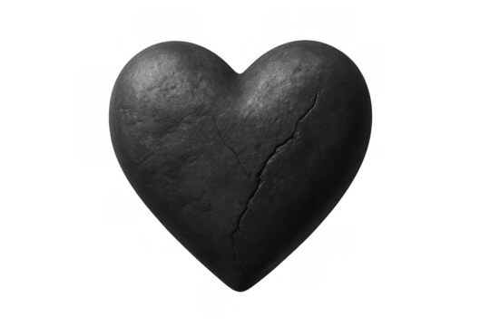 Broken heart stone with deep crack symbolizing heartbreak, lost love, sadness, and emotional pain over transparent background