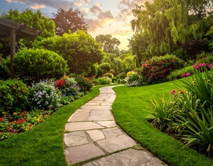 Fototapeta premium Stone pathway meanders through lush garden with vibrant blooms