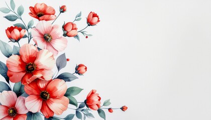 Elegant Floral Watercolor Arrangement with Red and Pink Blooms on a White Background