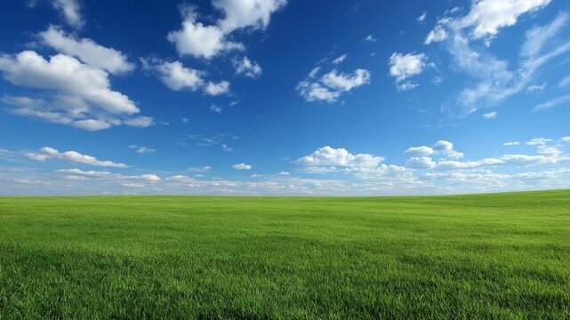 Emerald Horizon: An expansive vista unfolds, with a vibrant green meadow stretching towards a brilliant blue sky dotted with fluffy white clouds.