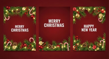 Christmas and New Year greeting cards with festive decorations including pine branches ornaments and candy canes on a red background