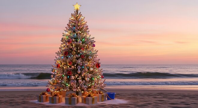 Christmas tree on a beach at sunset decorated with lights and ornaments a unique holiday celebration concept - Powered by Adobe