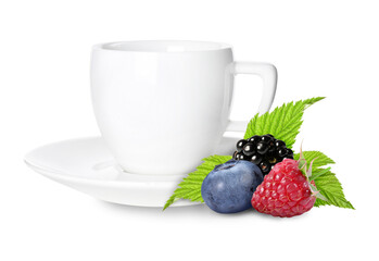 Hot beverage in cup and berries on white background. Health boosting drink for cold season