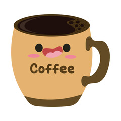 Cute Coffee Mug Character. Happy Brown Cup with Black Coffee. Suitable for flat design graphic illustration, clip art, with coffee theme
