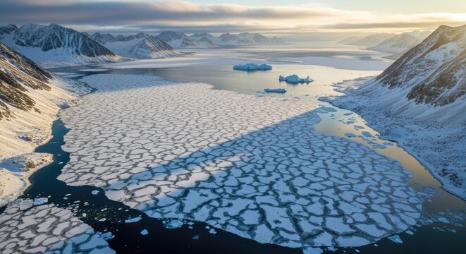 Aerial view of a frozen fjord in Greenland with ice floes.