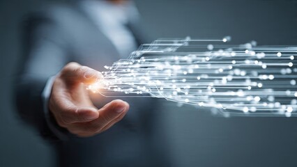 Businessman interacting with digital data streams modern technology concept