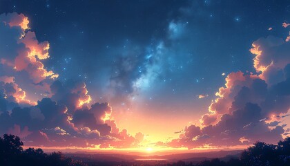 A vibrant sunset with fluffy clouds and a starry sky over a silhouetted landscape.