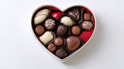 Assorted gourmet chocolates in a heart-shaped gift box with colorful toppings and decorative wrappers