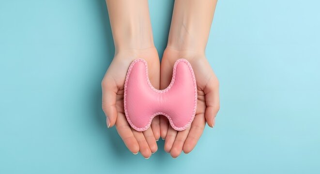 Pink Thyroid-Shaped Pillow Held Gently in Caring Hands Against a Soft Blue Background