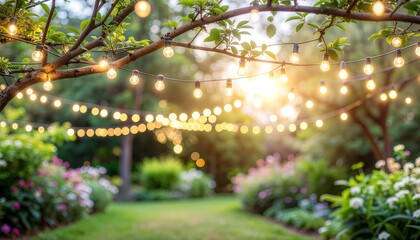 Outdoor garden scene with string lights hanging from tree branches, illuminating a lush green lawn and flower beds.