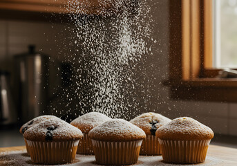Delicious muffins covered with powdered sugar
