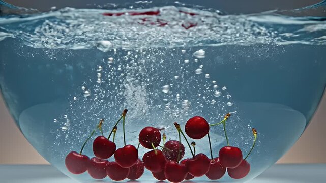 Fresh red cherries splashing into clear water