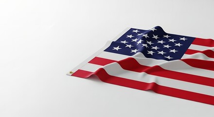 Obraz premium Waving American flag lying on a pristine white background, symbolizing patriotism, national pride, and the United States of America.