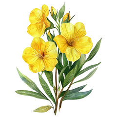 Fototapeta premium Watercolor Yellow Evening Primrose Flowers and Buds on transparent background