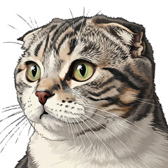 Close-up illustration of a Scottish Fold cat's face with striking green eyes and folded ears