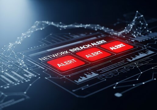 A digital depiction of a cyber security threat alert, with a bold red warning display in a cutting-edge technological setting, signifying potential breach - Powered by Adobe