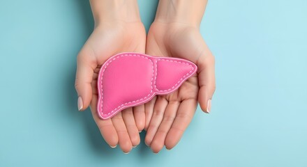 Hands holding a pink fabric liver symbol representing liver health awareness and organ donation