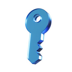シンプルな鍵のフラットなアイコンの3Dイラスト。透明感のある青いグラスモーフィズムなマーク