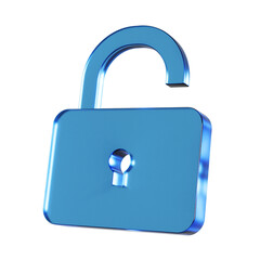 開いた南京錠のフラットなアイコンの3Dイラスト。透明感のある青いグラスモーフィズムなマーク