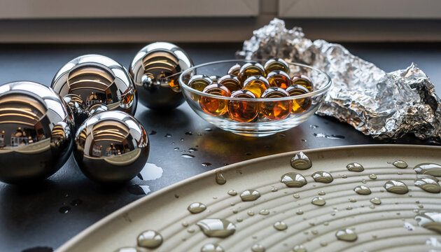 Tabletop scene with reflective chrome spheres, a bowl of glass marbles