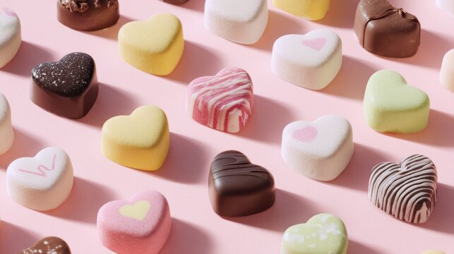 Assorted heart-shaped marshmallows with colorful pastel coatings and chocolate drizzles on pink background