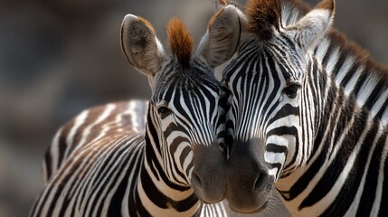 Naklejka premium Two zebras in Africa touch heads with blurred background for wildlife, nature content