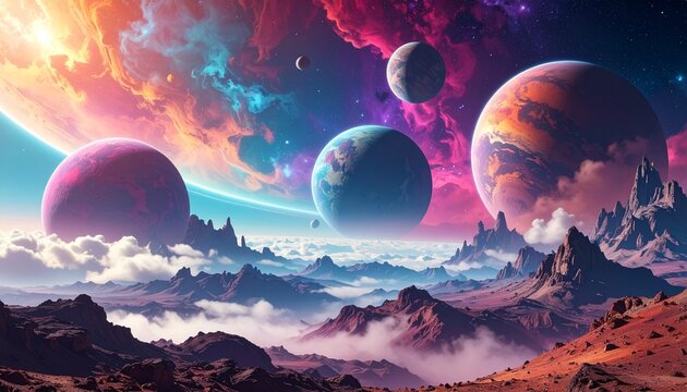 Stunning planets rise above a dreamy alien landscape with vibrant colors and otherworldly beauty