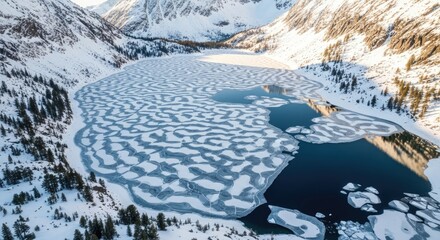 Aerial View of a Partially Frozen Lake Surrounded by Mountains.