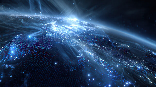 Glowing blue earth city lights from space