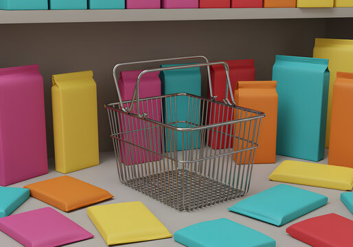 Empty shopping basket amidst colorful product packaging