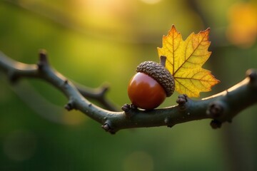 Obraz premium Golden Hour Acorn Resting on a Branch with a Single Autumn Leaf