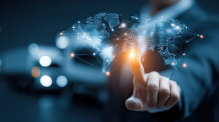 Hand interacting with a glowing digital network globe